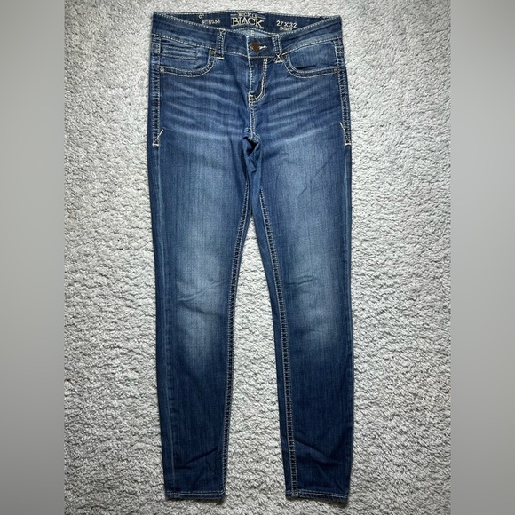 Buckle Black Jeans Womens 27 Fit 53 Skinny Dark Wash Big Stitch Denim Stretch - Picture 1 of 4